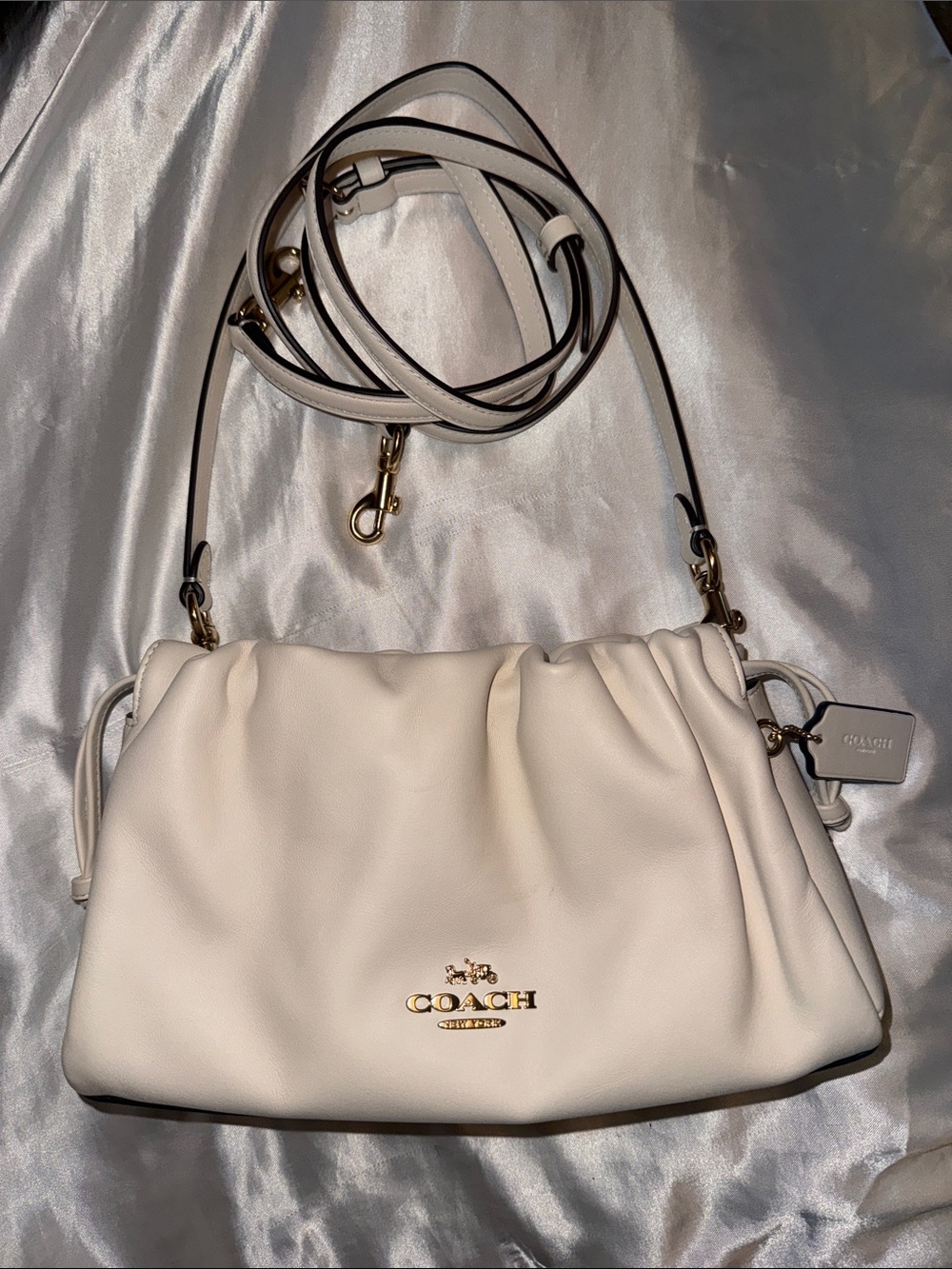 Coach Cream Faye Leather Drawstring Shoulder Bag with Gold Hardware